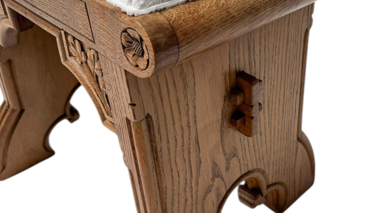 Arts & Crafts Hand-Carved Oak Stools with Boucle Upholstery, 1900s